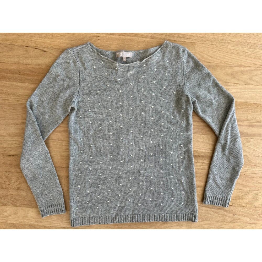 Benedetta B Grey Knit Boat Neck Sweater White Heart Polka Dot Wool Blend Top S
